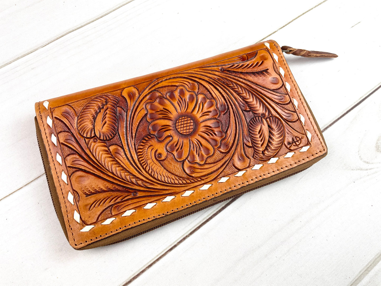 Floral Tooled Leather Buckstitch Zipper Wallet
