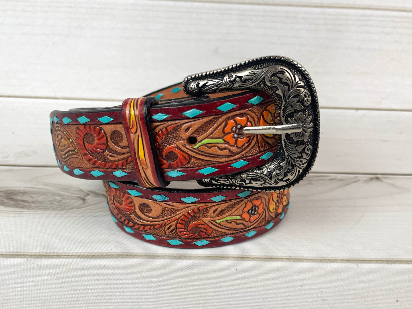 Turquoise Buckstitch Floral Tooled Leather Belt