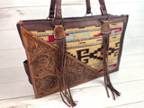 Tan, Wine and Grey Wool with Tooled Leather Swatch Large Western Tote