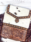 CLEARANCE!! Brown & White Hide Tan Buckstitch Tooled Leather Crossbody Bag
