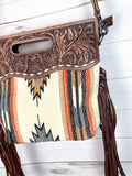 Churro Tan, Grey Orange Wool Leather Handle Fringe Bag