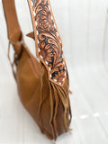 Tan Leather Hobo Fringe Tooled Handbag