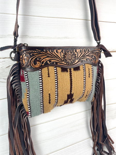 Mohave Medium Tan and Grey Leather Tooled Fringe Bag