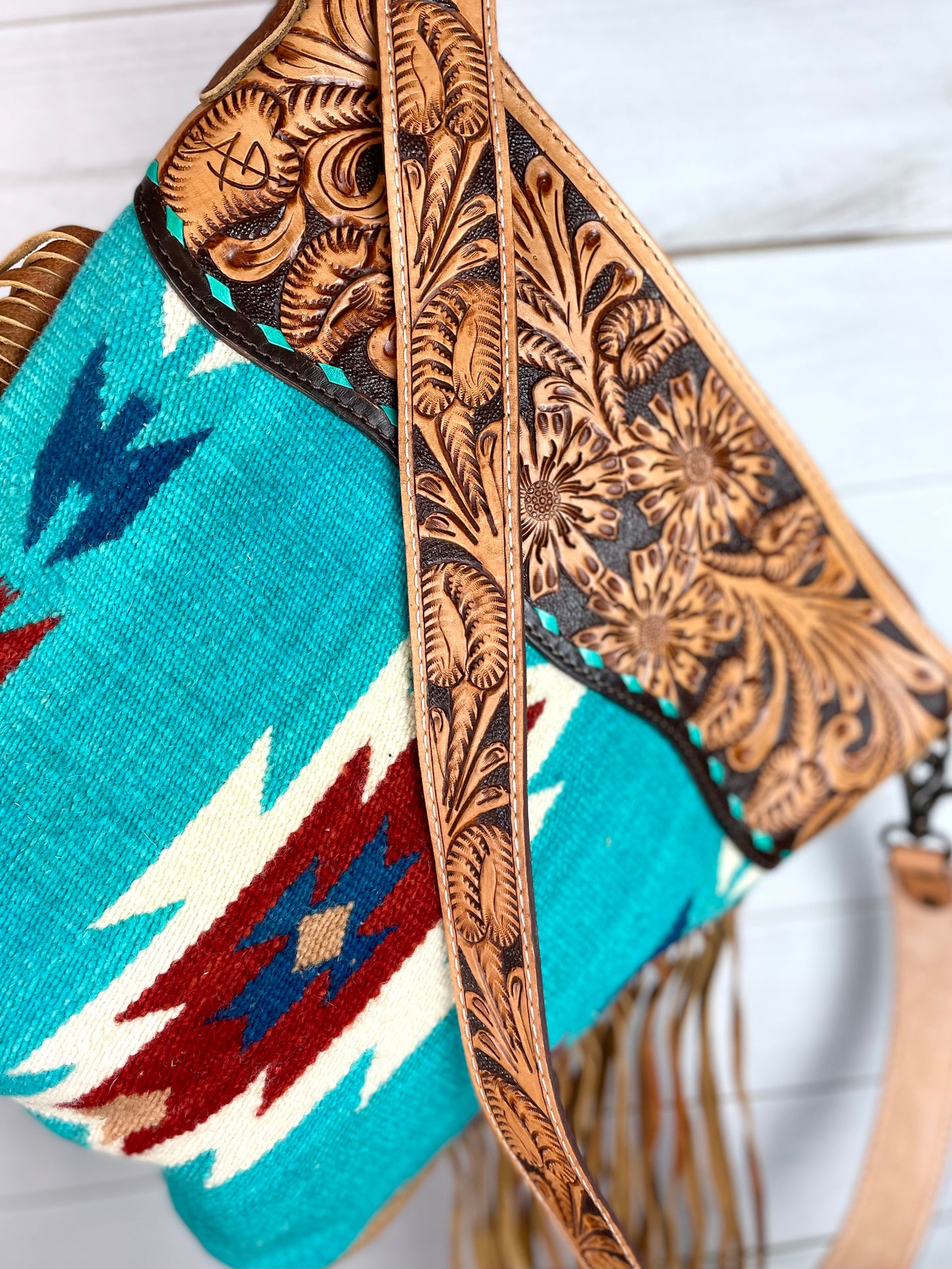 Coronado Turquoise and Rust Diamond Wool & Leather Handbag