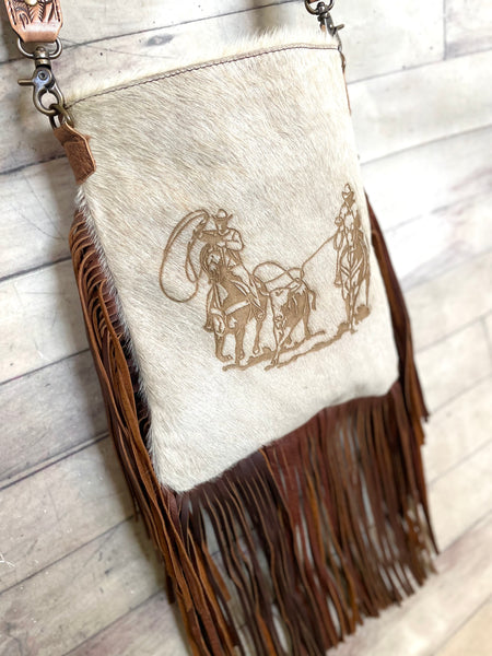 Hide Team Roper Branded Large Crossbody Bag with Leather Fringe