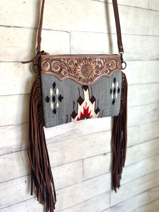 Grey, Red, Black Wool, Leather Tooled Fringe Med. Bag