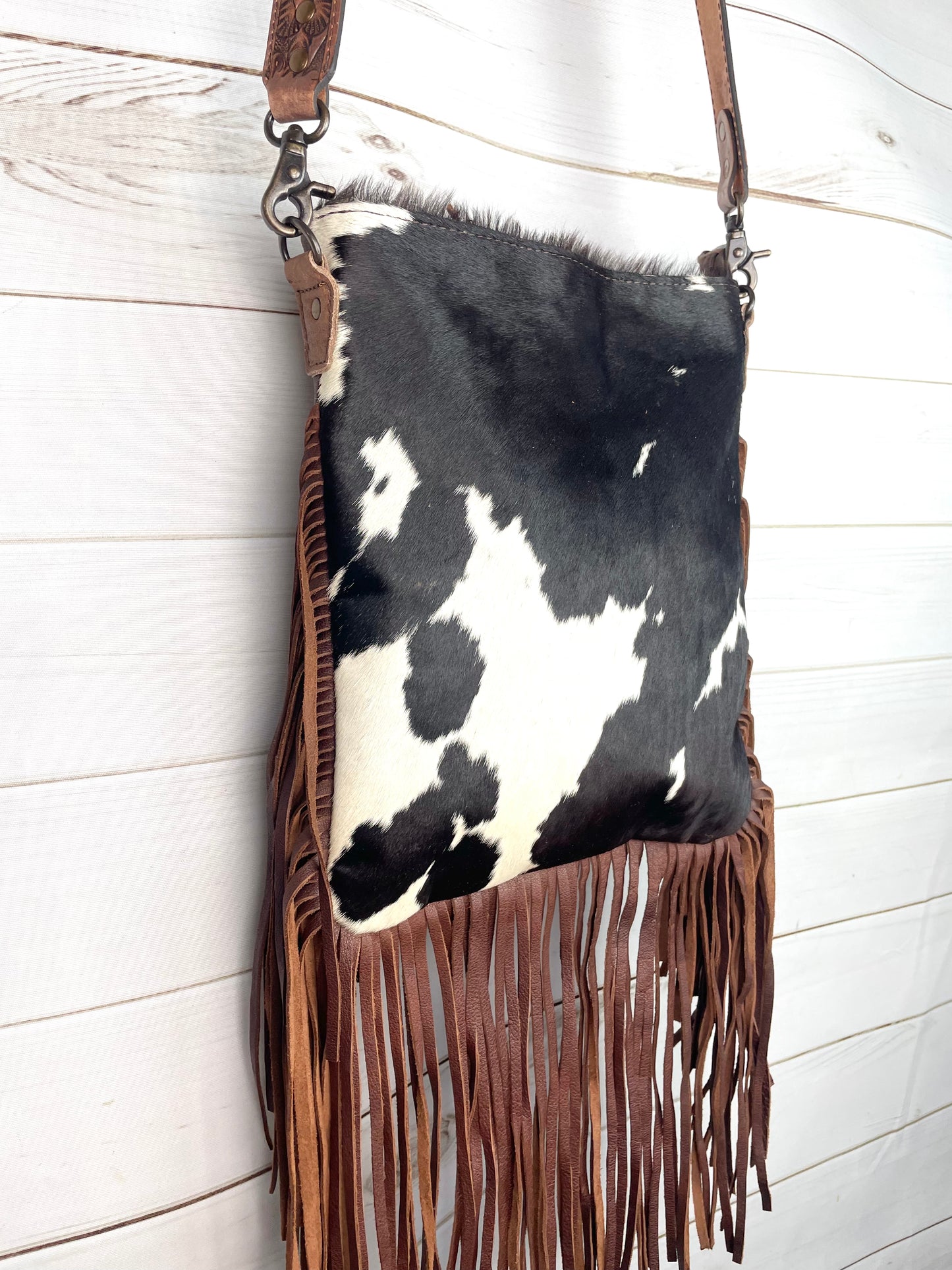 Brown & White Cowhide Fringe Crossbody Bag