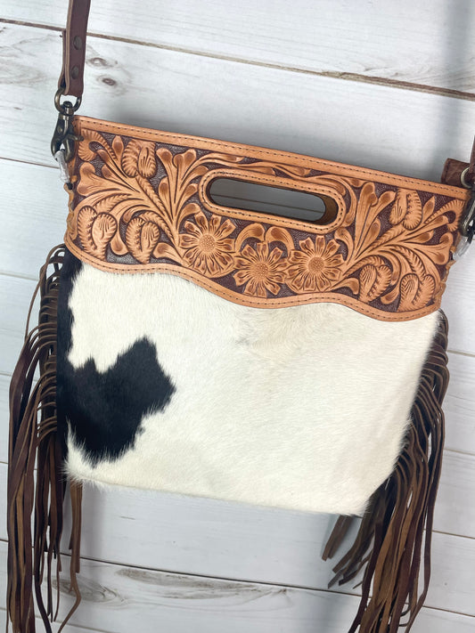 Brown Hide Tooled Handle Fringe / Crossbody Handbag