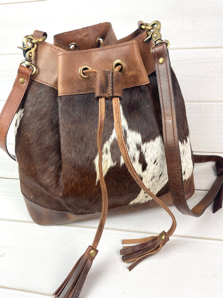 Cowhide and Leather Bucket Bag