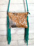 Silver Splatter Hide and Turquoise Leather Fringe Handbag