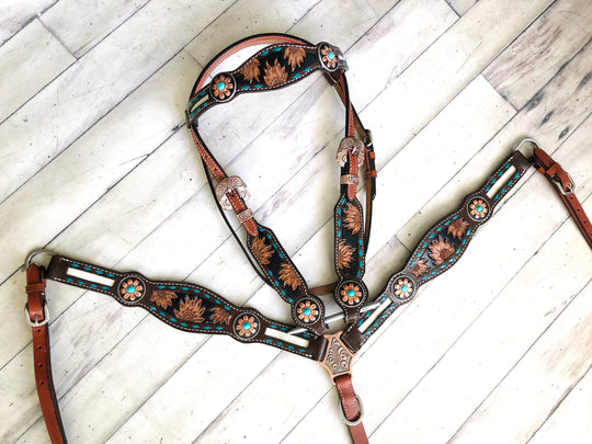 Tooled Sunflower Teal Buckstitch Hair on Hide Inset Tack Set