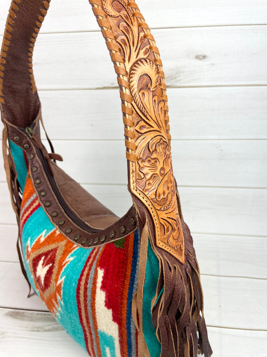 Prismatic Wool Pattern Hobo Leather Fringe Handbag