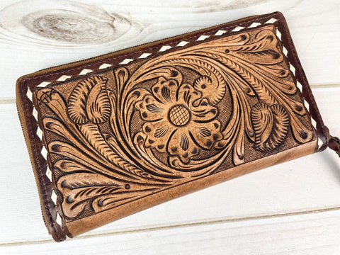Brown Floral and Scroll Tooled Leather Buckstitch Zipper Wallet