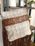 Black & White Speckled Hide Leather Tooled Band Crossbody Bag
