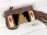 Black and Tan Wool Leather Tooled Wristlet
