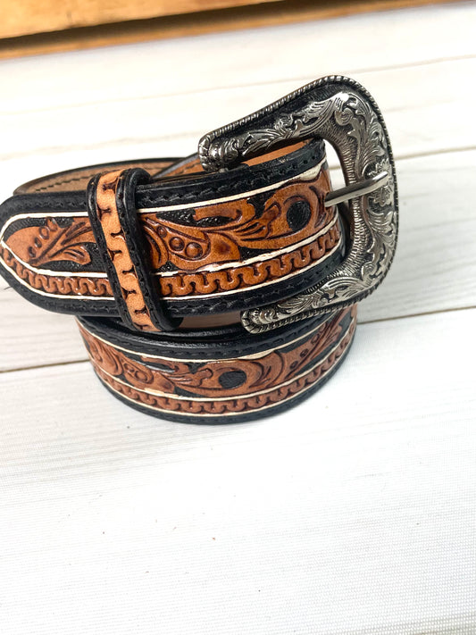 Black Border Tooled Leather Woman’s Belt