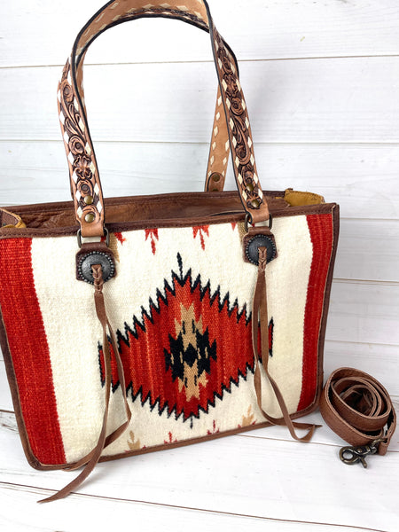 Cream and Red Wool & Leather Large Tote