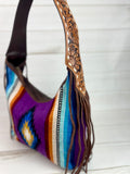Purple & Blue Wool Pattern Hobo Leather Fringe Handbag