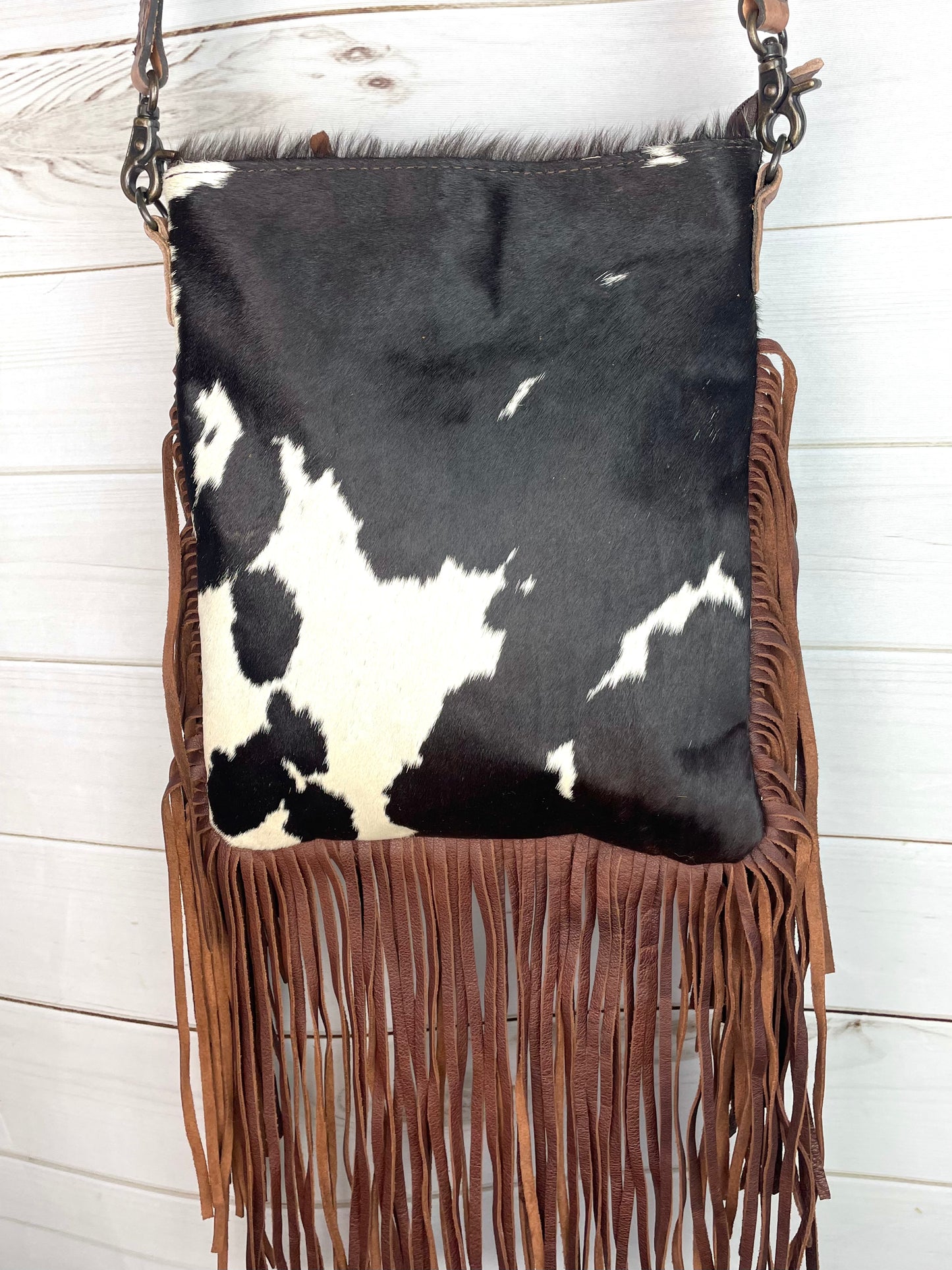 Brown & White Cowhide Fringe Crossbody Bag