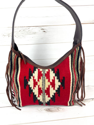 Red and Black Wool Pattern Hobo Leather Fringe Handbag
