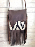 Aztec Raw Leather Edge Cream and Black Wool Fringe Bag