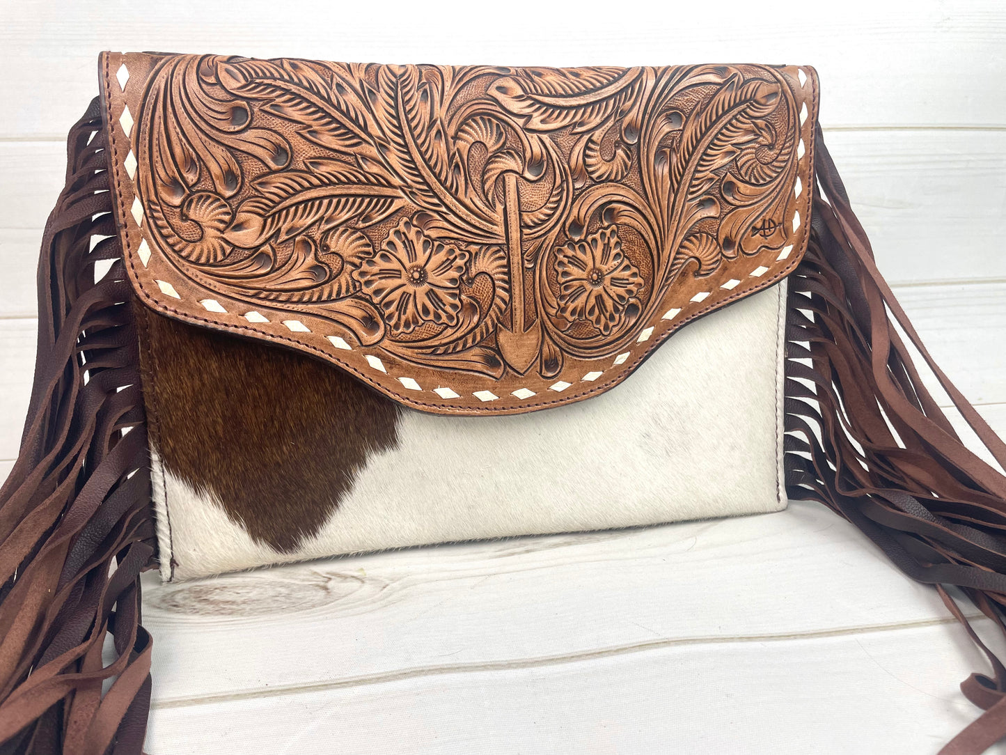 Arrow Leather Tooled and Cowhide Crossbody Bag