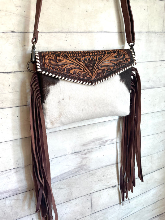 Brown and Cream Hide Dark Tooled Whipstitch Crossbody Bag