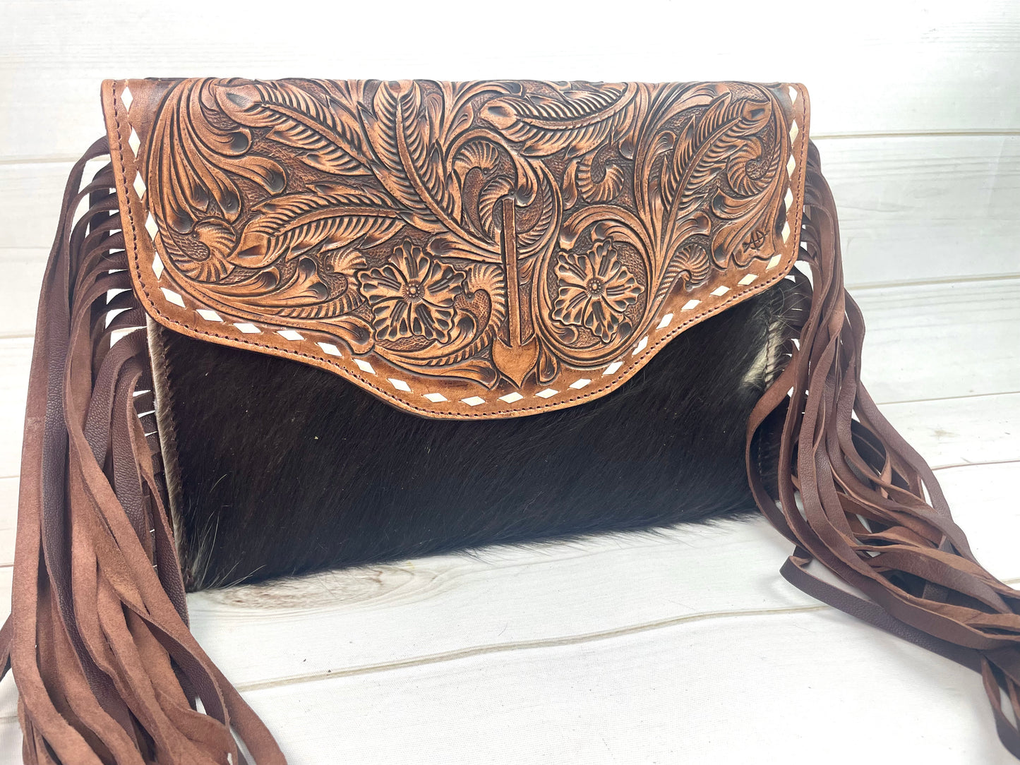 Arrow Leather Tooled and Cowhide Crossbody Bag