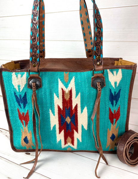 Turquoise Wool & Leather Large Tote