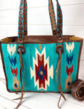 CLEARANCE! Turquoise Wool & Leather Western Style Large Tote