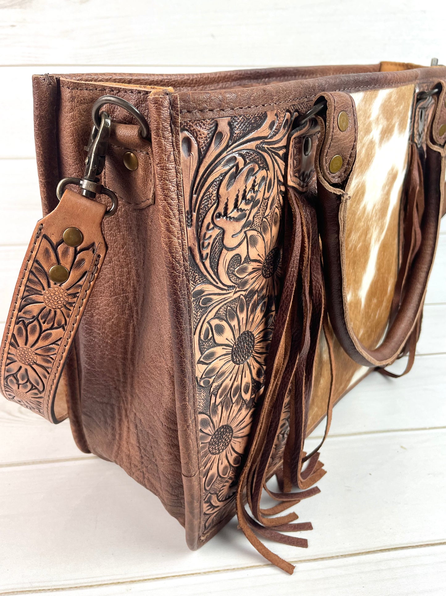 Prescott Brown Pattern Hide Tote with Leather Tooled Sunflowers