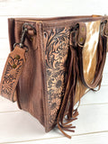 Prescott Tan Pattern Hide Tote with Leather Tooled Sunflowers