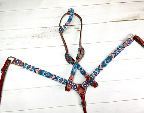 Blue Red White Aztec Pattern Beaded Tack Set