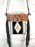 Santa Fe Tan and Black Diamond Wool Leather Tooled Fringe Handbag
