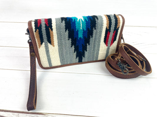 Blue and Grey Diamond Wool & Leather Carryall Wallet