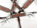 Brown Leather Tooled White Buckstitch Tassel Tack Set