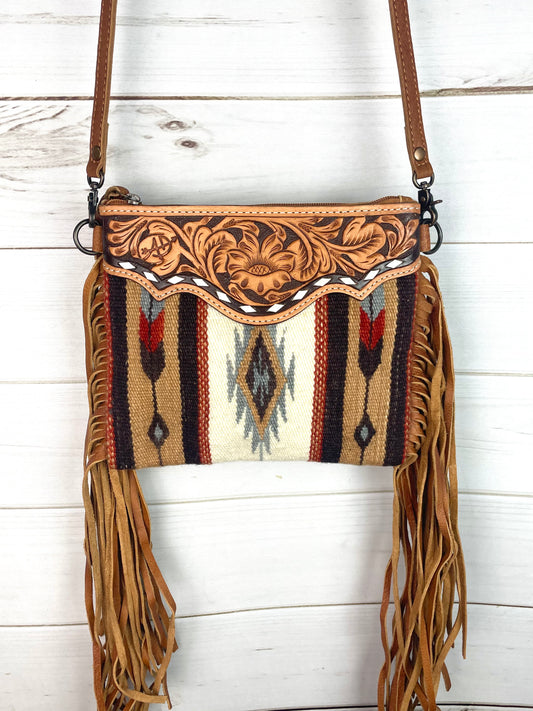 Medium Churro Tan Grey Wool & Leather Tooled Fringe Bag
