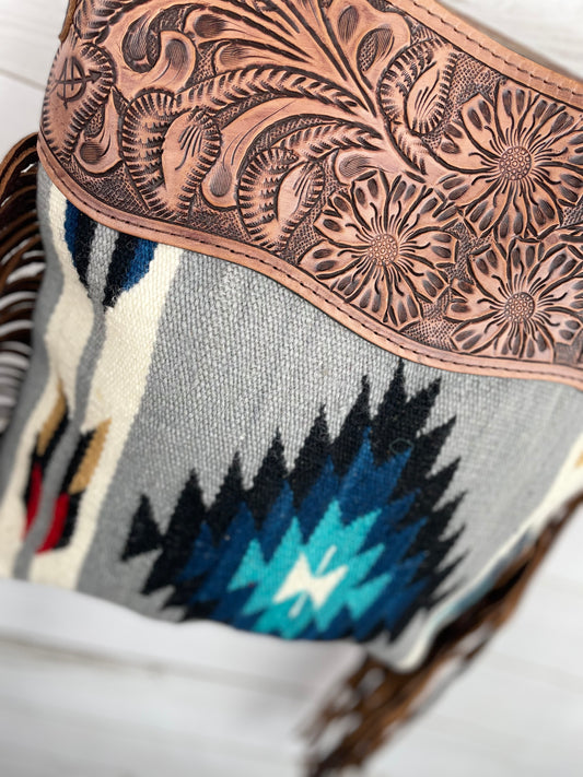 Grey & Blue Diamond Wool Leather Tooled Fringe Handbag