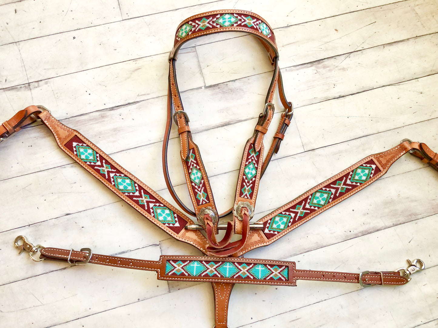Teal & Brown Beaded Inset Tack Set