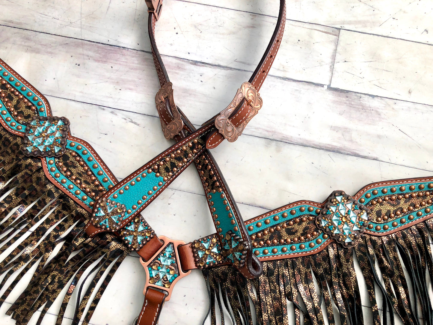 Teal Metallic Cheetah Fringe Tack Set
