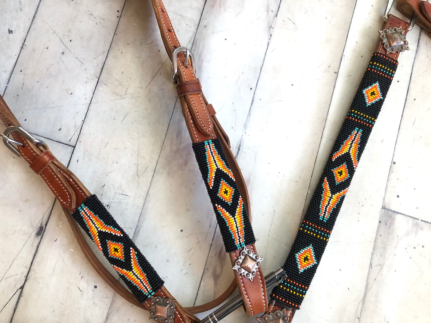 Yellow Orange Black Diamond Beaded Wrapped Tack Set