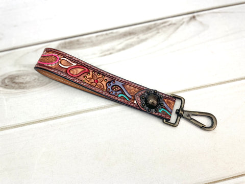 Colorful Paisley Tooled Wristlet Leather Key Fob
