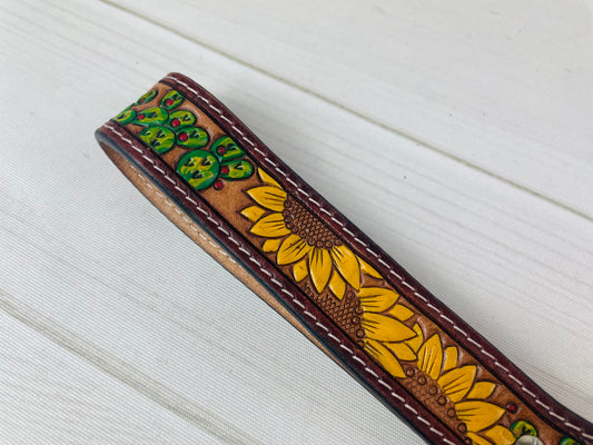 Triple Sunflower Cactus Tooled Wristlet Leather Keychain
