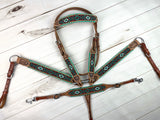Maroon Beaded Turquoise Laced Leather Tack Set