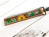 Sunflower Cactus Tooled Wristlet Leather Keychain