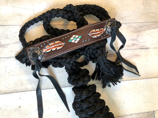 Leather Diamond Tooled Halter on Black Nylon Muletape