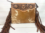 Tan Hide Floral Tooled Leather Fringe Square Handbag