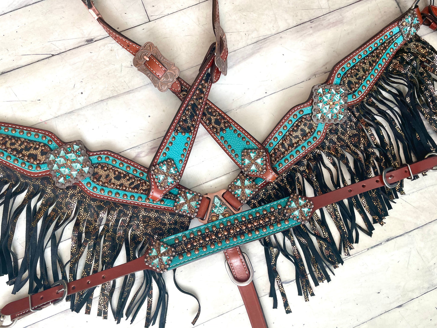 Teal Metallic Cheetah Fringe Tack Set