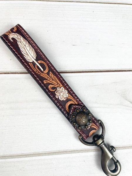 Feather Tooled Wristlet Leather Keychain