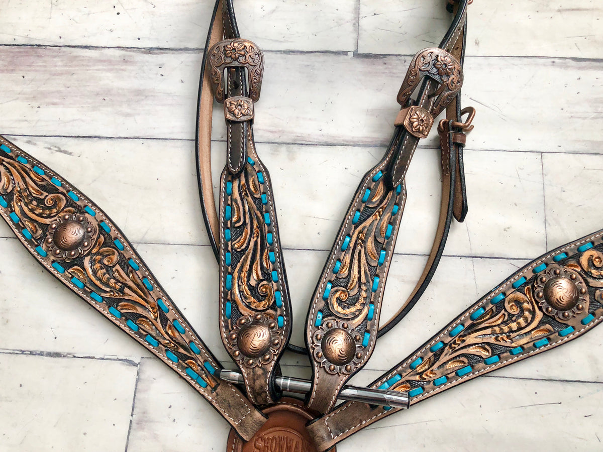 Teal Buckstitch Tooled Copper Brushed Set